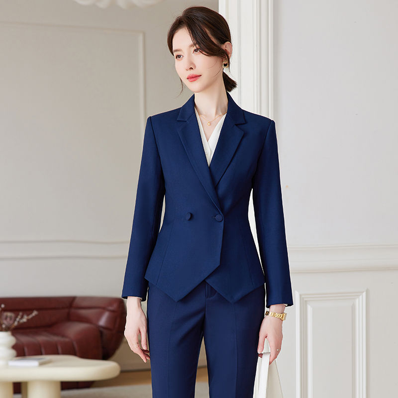 藍色職業裝西裝外套女秋冬2023新款高端珠寶店正裝工作服西服套裝