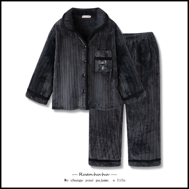情侶睡衣冬季珊瑚絨加厚加絨保暖男女款卡通開衫法蘭絨家居服套裝