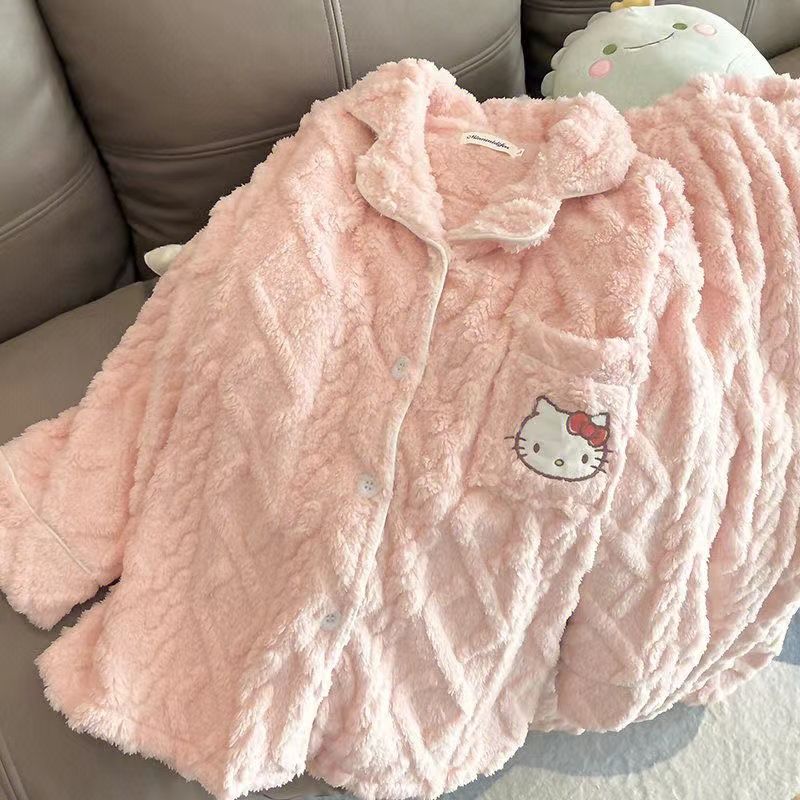 日系hellokitty珊瑚絨睡衣女冬季加厚卡通可愛甜美冬天家居服套裝