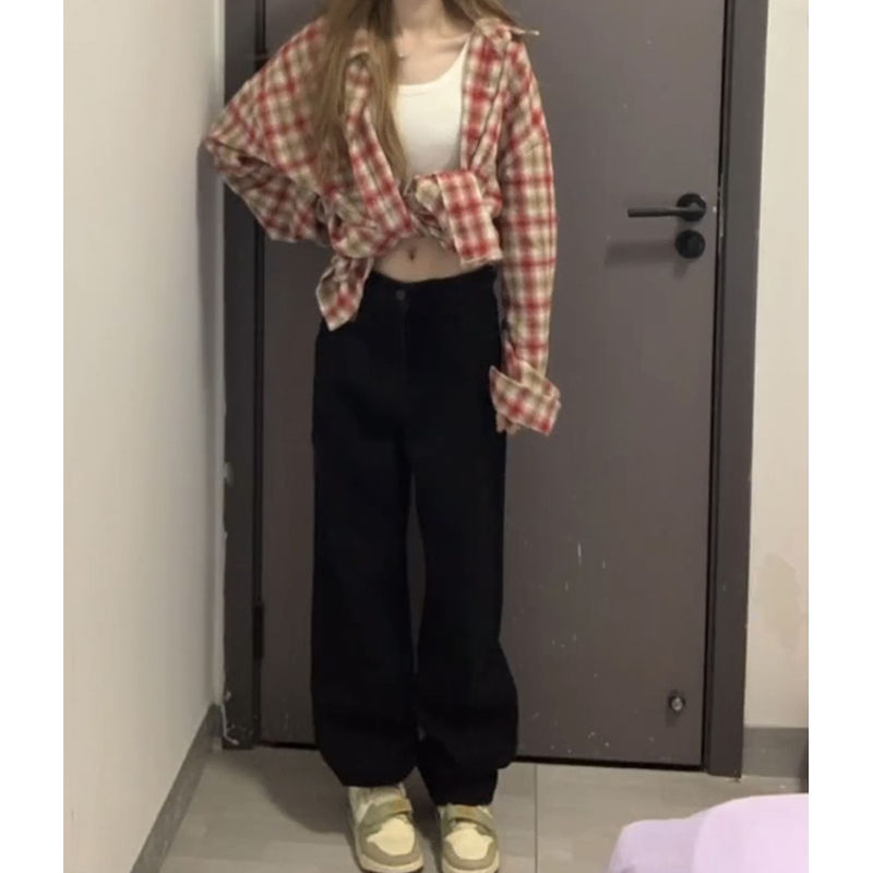 復古高街黑色貼布牛仔褲女秋季新款設計感顯瘦直筒寬鬆闊腿拖地褲