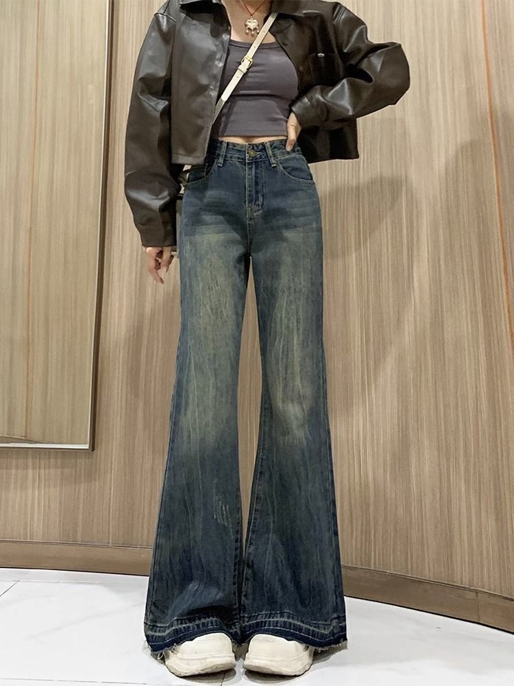 美式復古微喇牛仔褲女秋冬做舊設計感壓褶小眾辣妹顯瘦拖地馬蹄褲