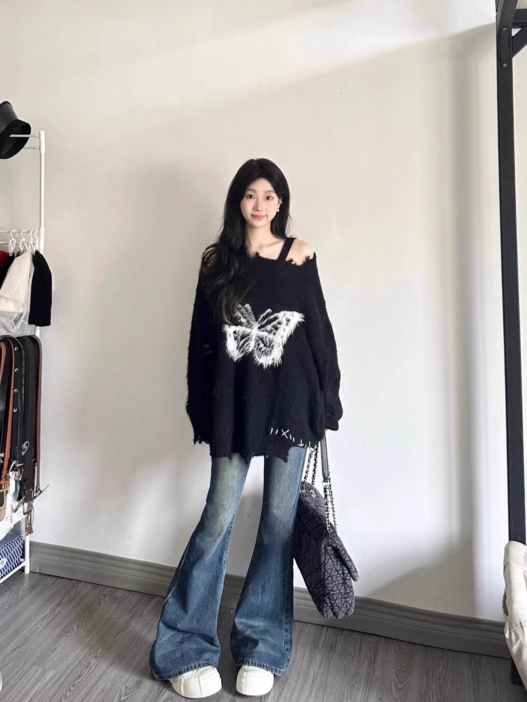 燙磚蝴蝶套頭毛衣女秋冬新款馬海毛oversize慵懶風軟糯針織衫上衣