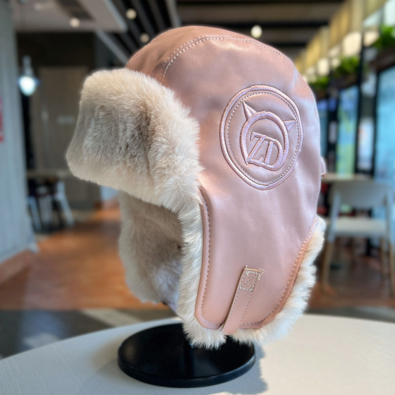 Lei Feng hat women's autumn and winter thickened warm PU leather plush hat outdoor skiing cold ear protection hat flying hat trendy man_voghion.com