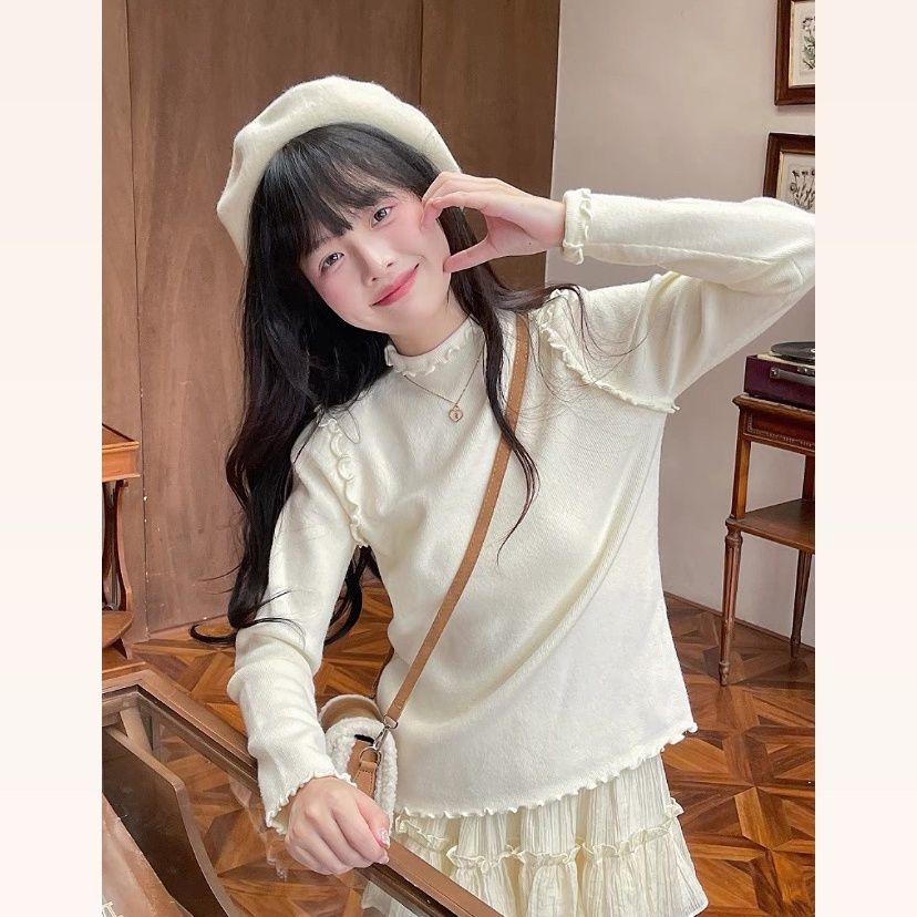 針織顯瘦2023秋冬新款半高領氣質木耳邊內搭長袖百搭打底衫女