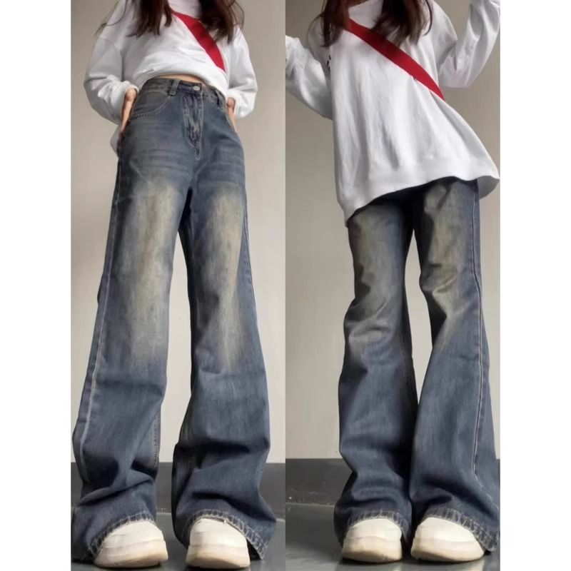 美式復古高街加絨牛仔褲女秋冬2023年新款設計感小眾直筒闊腿褲子