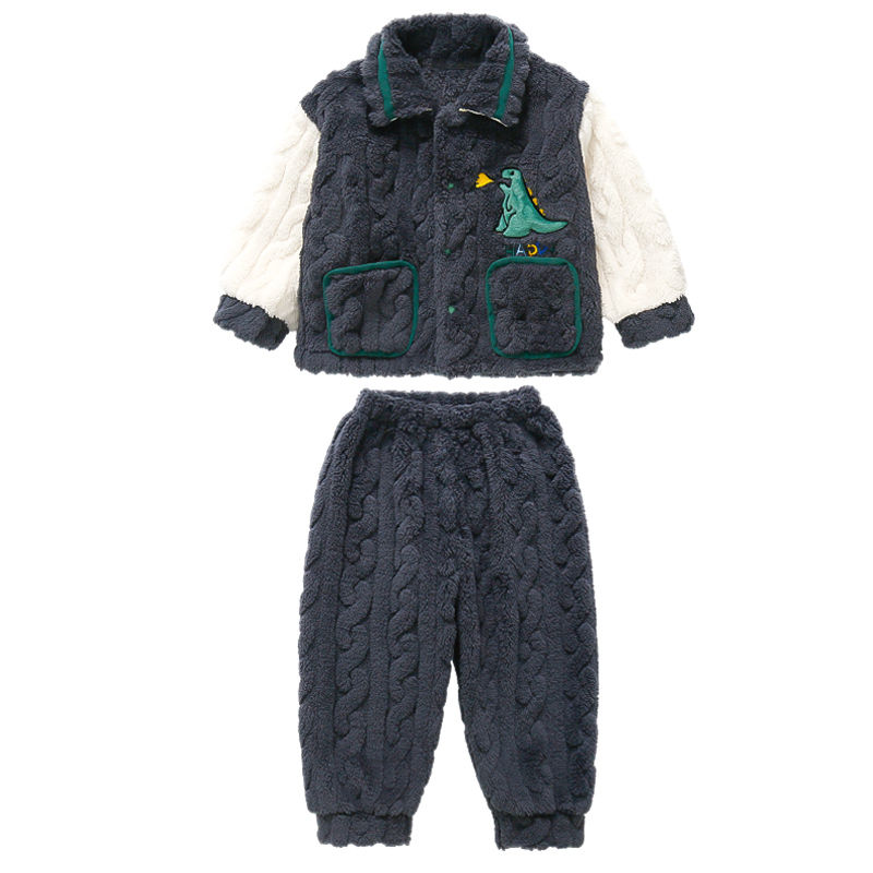 男童睡衣珊瑚绒冬款加绒加厚男孩宝宝可外穿法兰绒儿童恐龙家居服
