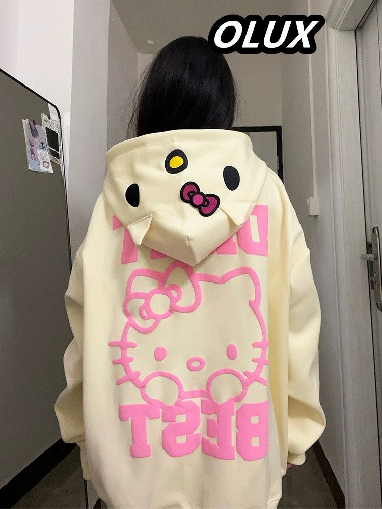 OLUX日系甜美HelloKitty貓刺繡連帽衛衣女秋冬新款寬鬆甜美上衣潮