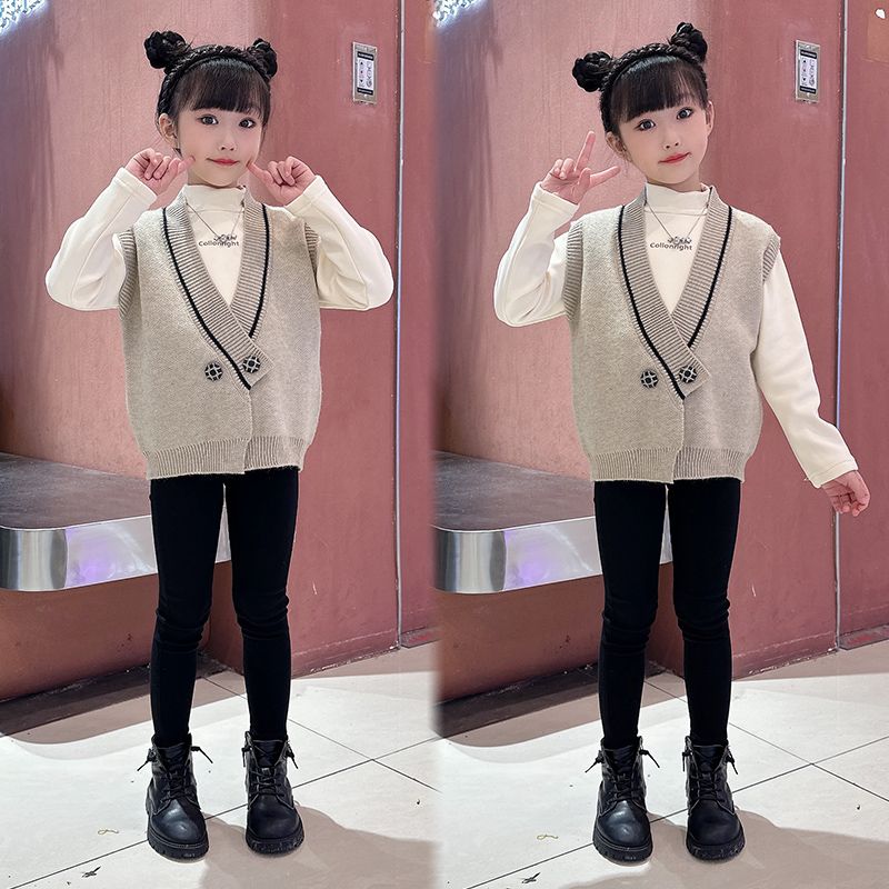 女童秋冬套裝2023新款兒童洋氣馬甲加絨加厚打底衫洋氣冬季三件套