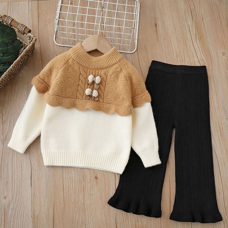 Girls sweater two-piece set knitted round neck  autumn and winter new style handmade floral little girl pullover sweater