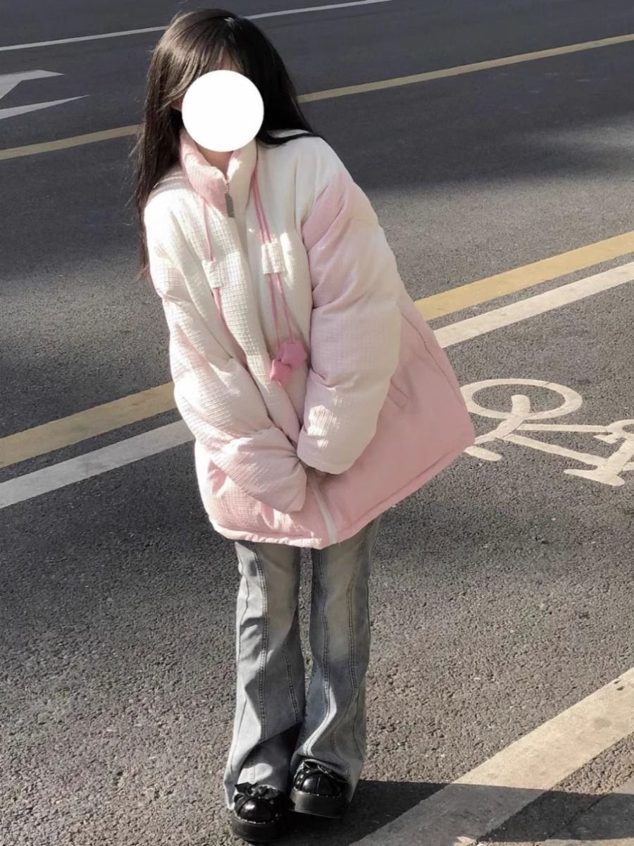 韩版粉色加厚保暖棉衣外套女冬装2023新款设计感面包服棉服上衣