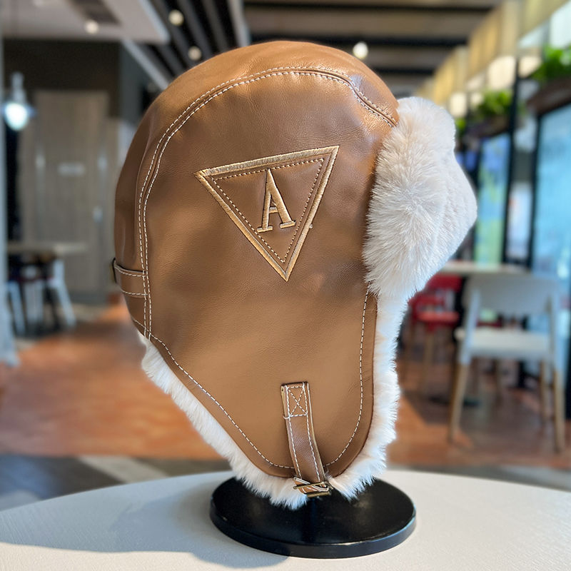 Lei Feng hat women's autumn and winter thickened warm PU leather plush hat outdoor skiing cold ear protection hat flying hat trendy man_voghion.com