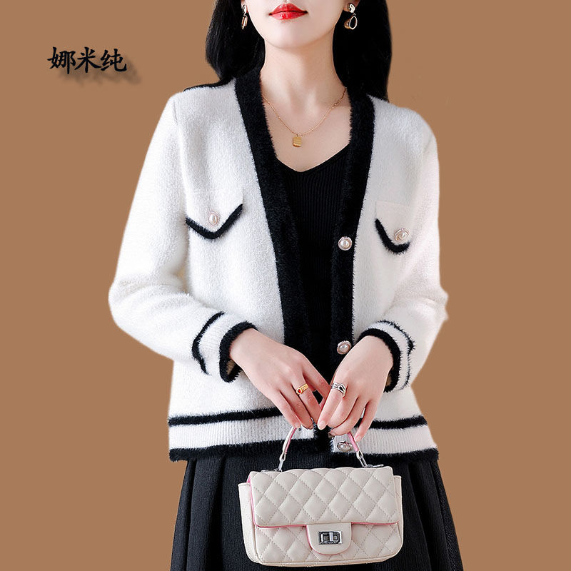小香風仿水貂絨毛衣外套女春秋韓版時尚甜美寬鬆針織開衫上衣外穿
