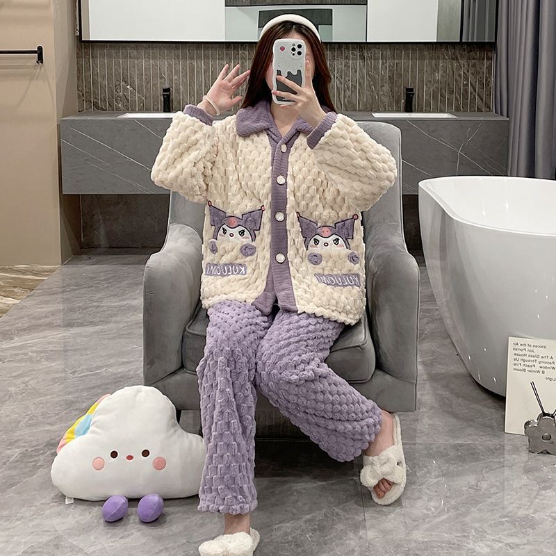 珊瑚絨睡衣女冬季加厚加絨寬鬆卡通秋冬法蘭絨家居服可外穿兩件套