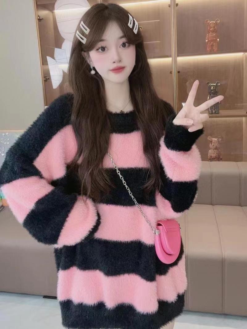 撞色條紋仿水貂絨毛衣女秋冬季新款寬鬆時尚慵懶風圓領針織衫女裝