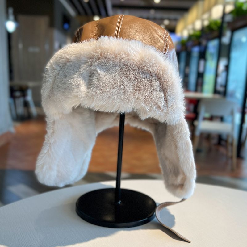 Lei Feng hat women's autumn and winter thickened warm PU leather plush hat outdoor skiing cold ear protection hat flying hat trendy man_voghion.com