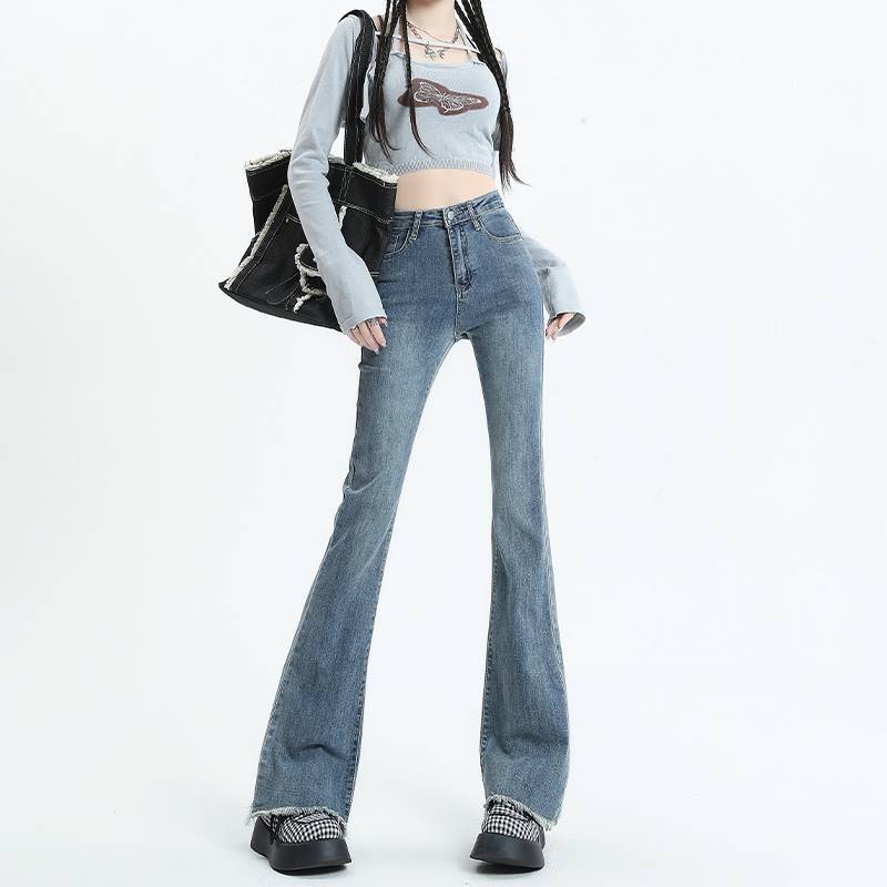 春秋款毛邊微喇叭牛仔褲女2023年新款褲子微喇叭高腰顯瘦修身彈力