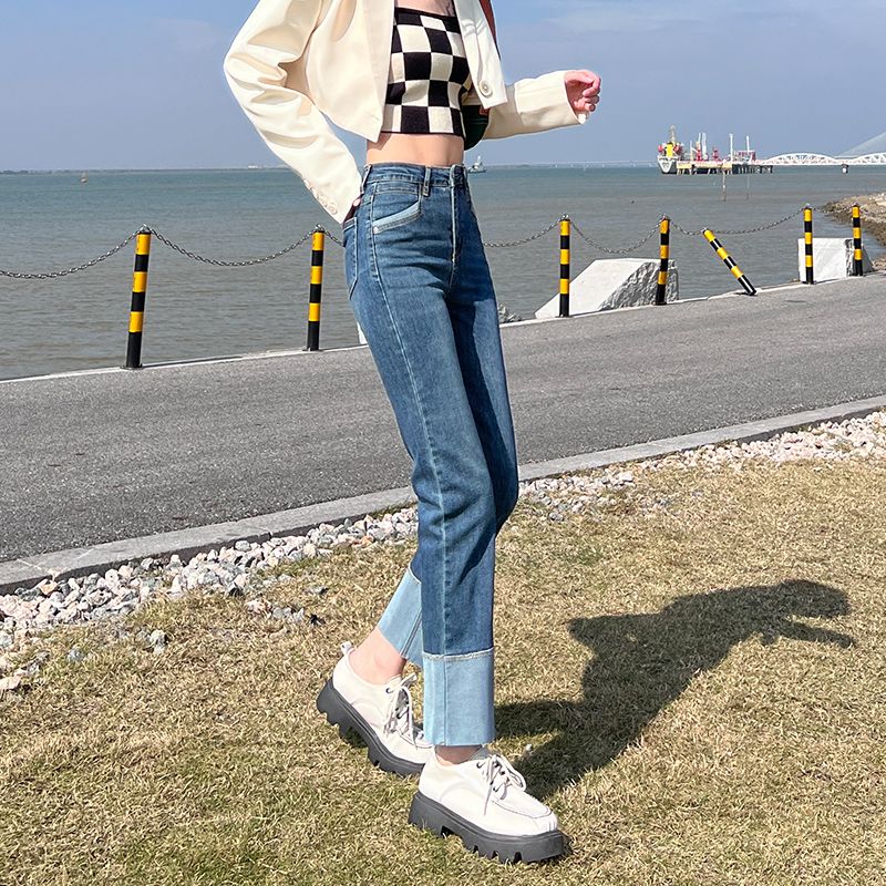 彈力牛仔褲女直筒2023秋冬新款高腰顯瘦小個子九分百搭煙管褲子潮