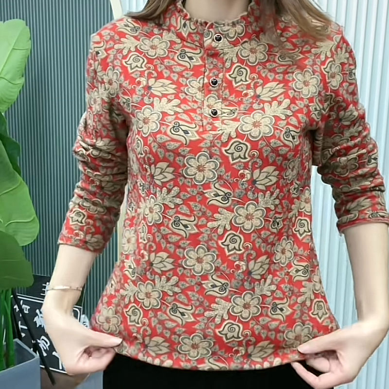 時尚高檔媽媽裝秋冬新款加絨加厚打底衫長袖上衣保暖遮肚顯瘦小衫