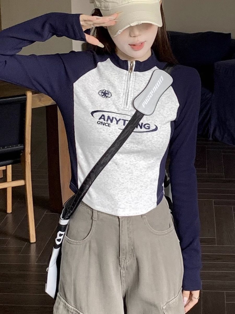 拼接長袖t恤女春秋季美式拉鏈V領修身顯瘦內搭打底衫短款上衣潮流