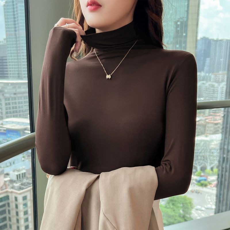 莫代爾高領打底衫女裝長袖內搭t恤美拉德洋氣堆堆領薄款緊身上衣