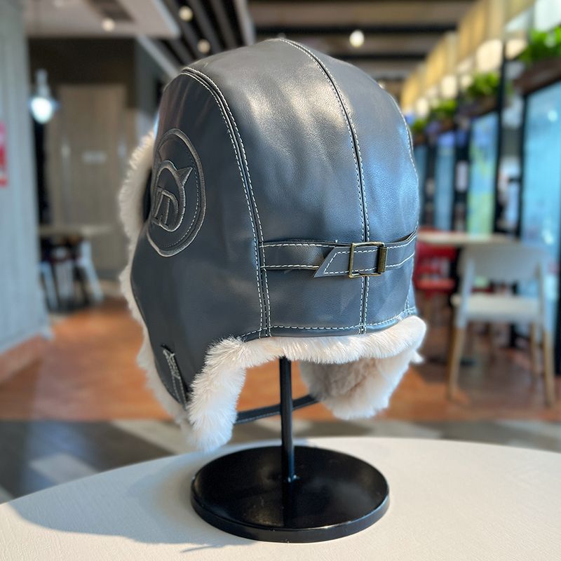 Lei Feng hat women's autumn and winter thickened warm PU leather plush hat outdoor skiing cold ear protection hat flying hat trendy man_voghion.com