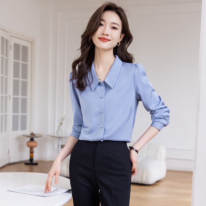 藍灰色長袖襯衫2023新款女雪紡設計感小眾飄帶上衣正裝職業白襯衣