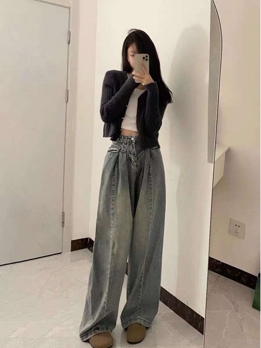 美式復古垂感牛仔褲女設計感高街辣妹顯瘦小個子直筒寬鬆闊腿長褲