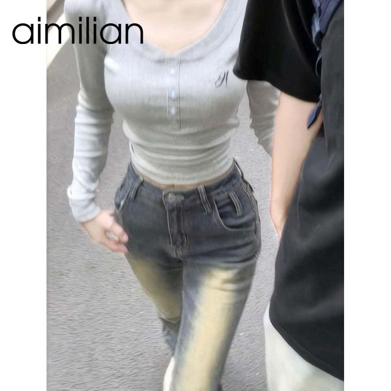 aimilian美式復古辣妹長袖t恤女春秋內搭打底衫修身顯瘦短款上衣