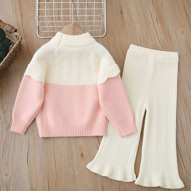 Girls sweater two-piece set knitted round neck  autumn and winter new style handmade floral little girl pullover sweater