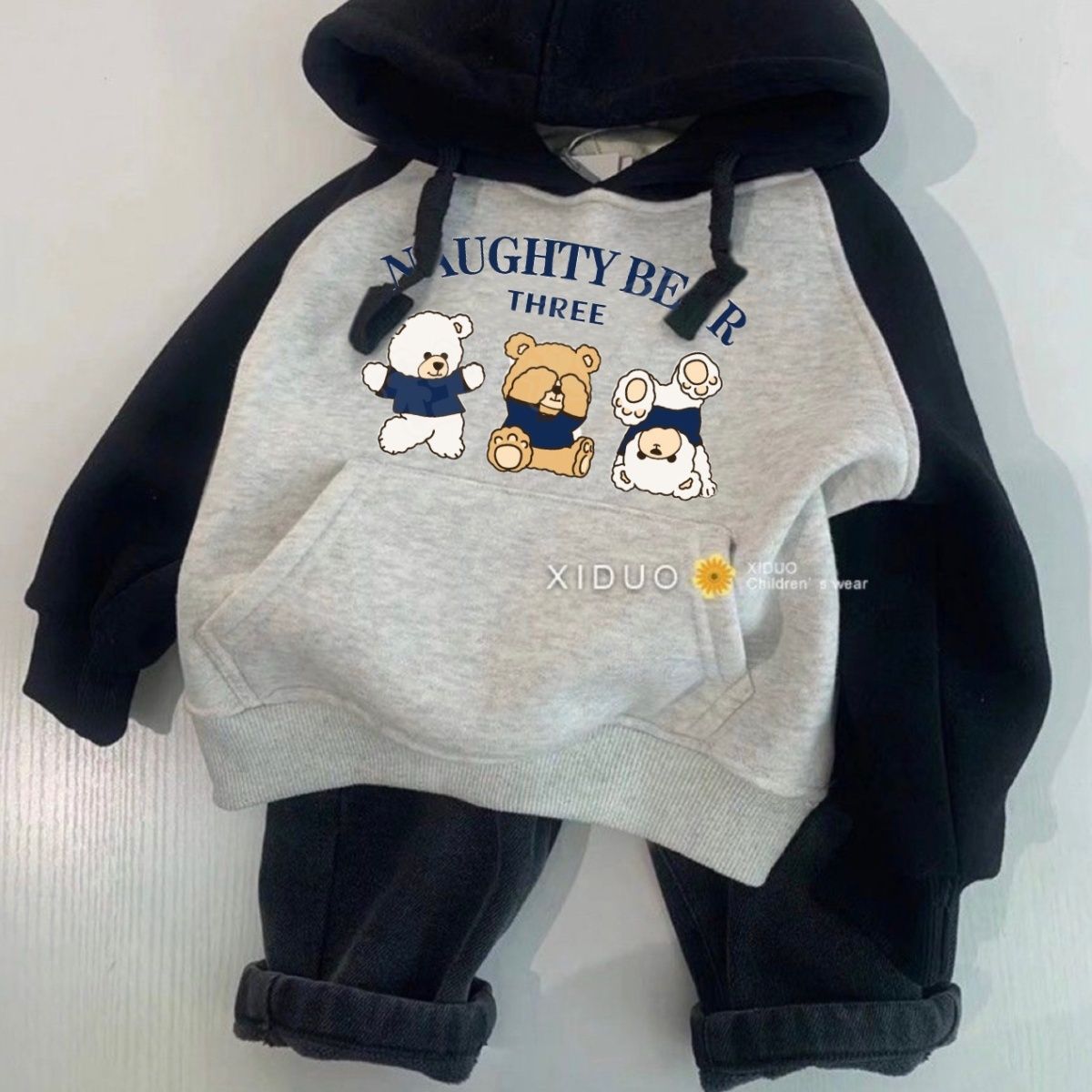 Children's spring and autumn hooded sweatshirt  Korean new style children's clothing color matching men's and women's style baby autumn and winter one-piece fleece