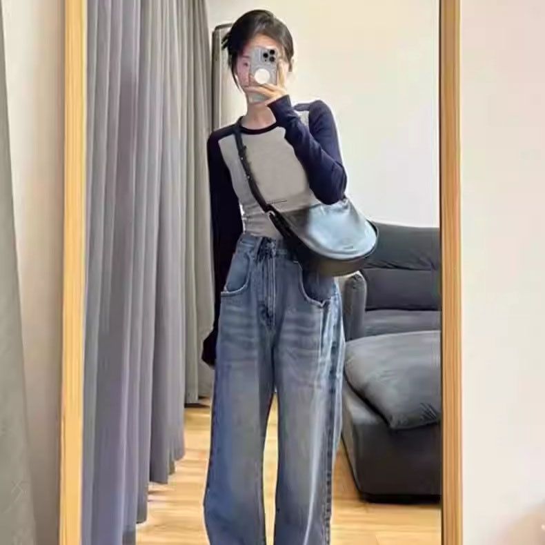 短款長袖t恤女打底衫春秋冬修身正肩小眾設計感辣妹內搭插肩上衣