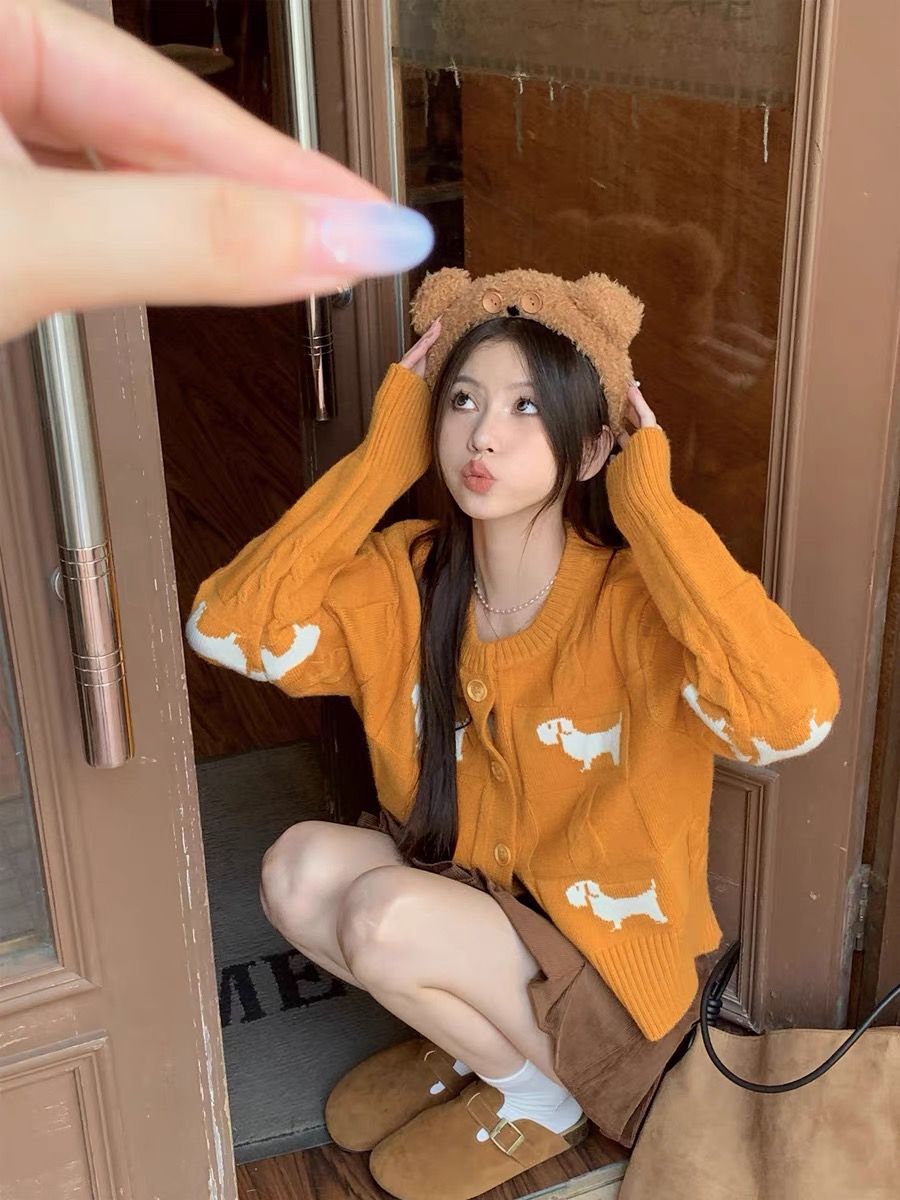 Korean sweet puppy jacquard sweater jacket for women in autumn soft and lazy long-sleeved knitted cardigan top for outer wear