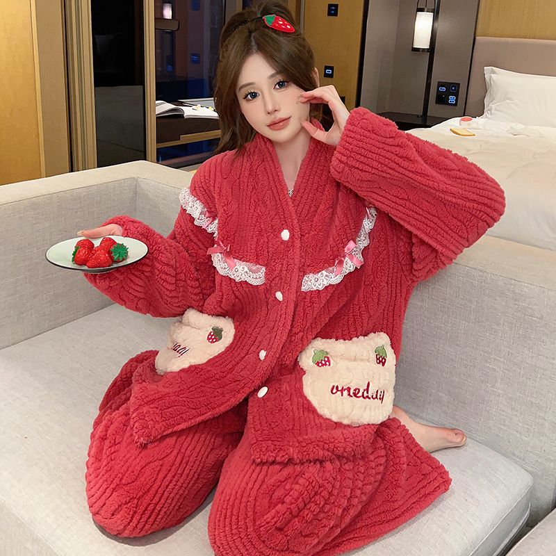 睡衣女秋冬款珊瑚絨加厚加絨保暖套裝粉色大碼胖妹妹220斤法蘭絨