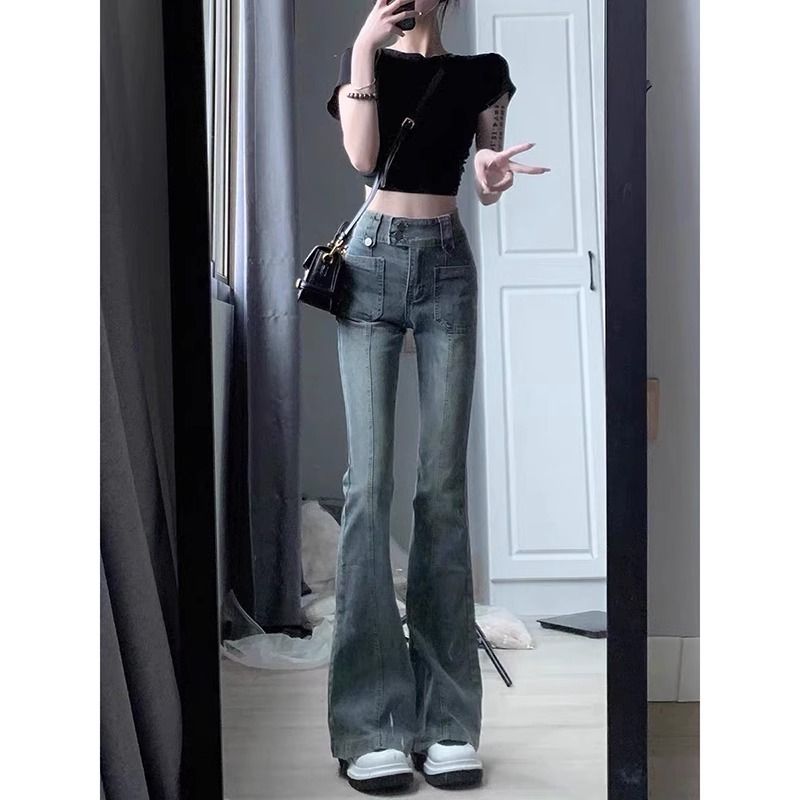 美式復古微喇牛仔褲女2023年秋季新款高腰顯瘦小個子拖地喇叭長褲