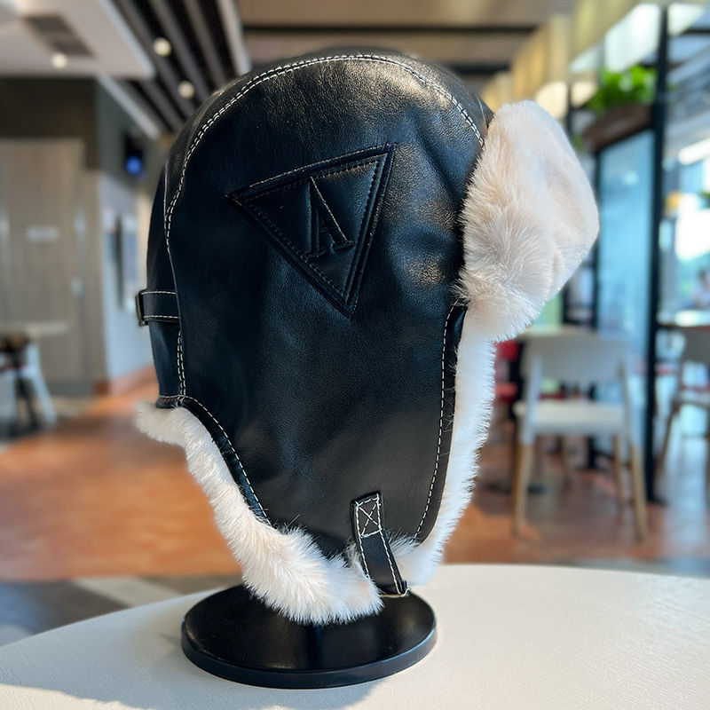 Lei Feng hat women's autumn and winter thickened warm PU leather plush hat outdoor skiing cold ear protection hat flying hat trendy man_voghion.com