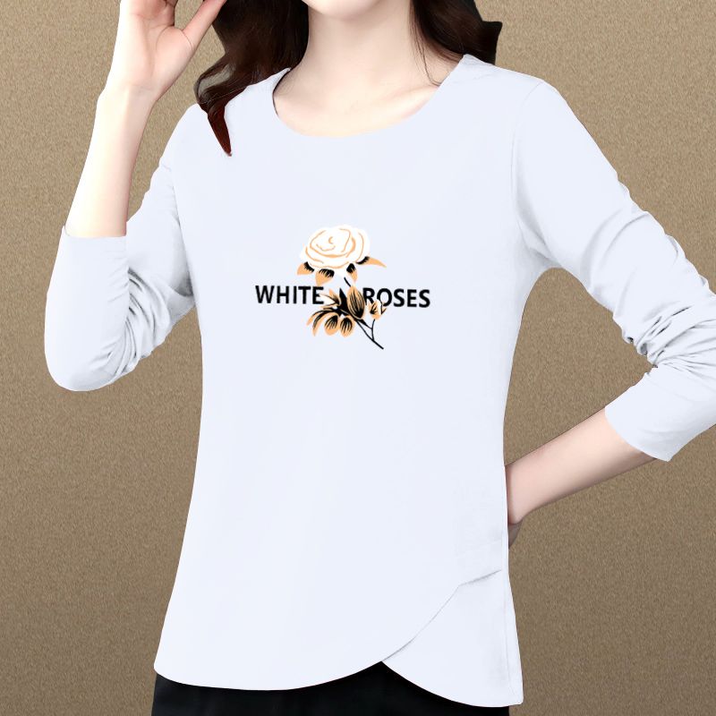 100%純棉長袖t恤女2023春秋新款遮肚寬鬆顯瘦大碼不規則百搭上衣