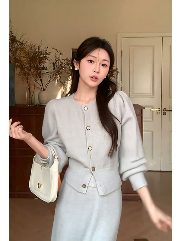 套裝女2023秋季新款慵懶風時尚寬鬆針織上衣垂感包臀半身裙兩件套