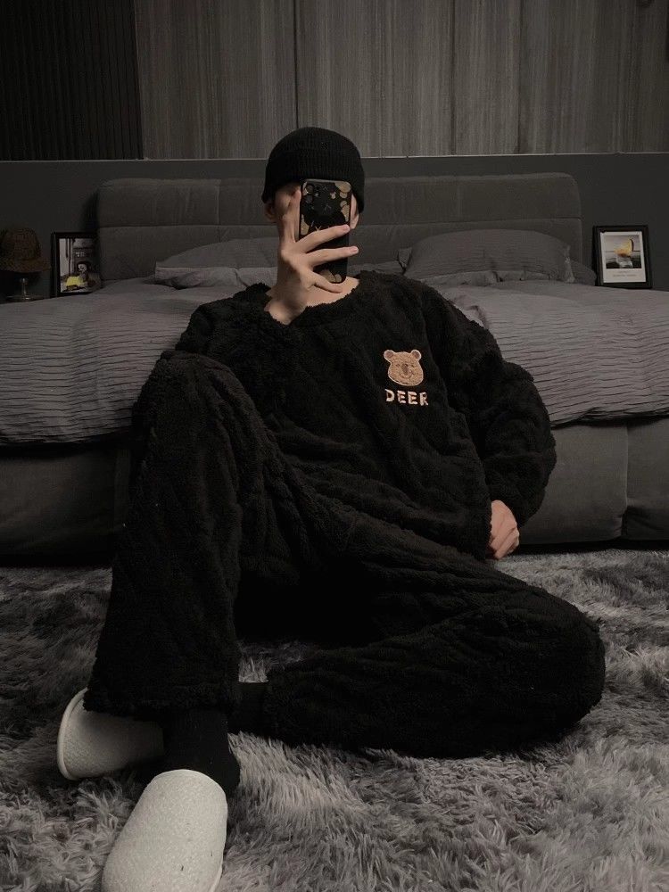 珊瑚絨睡衣男秋冬季新款加絨加厚青少年學生保暖法蘭絨家居服套裝