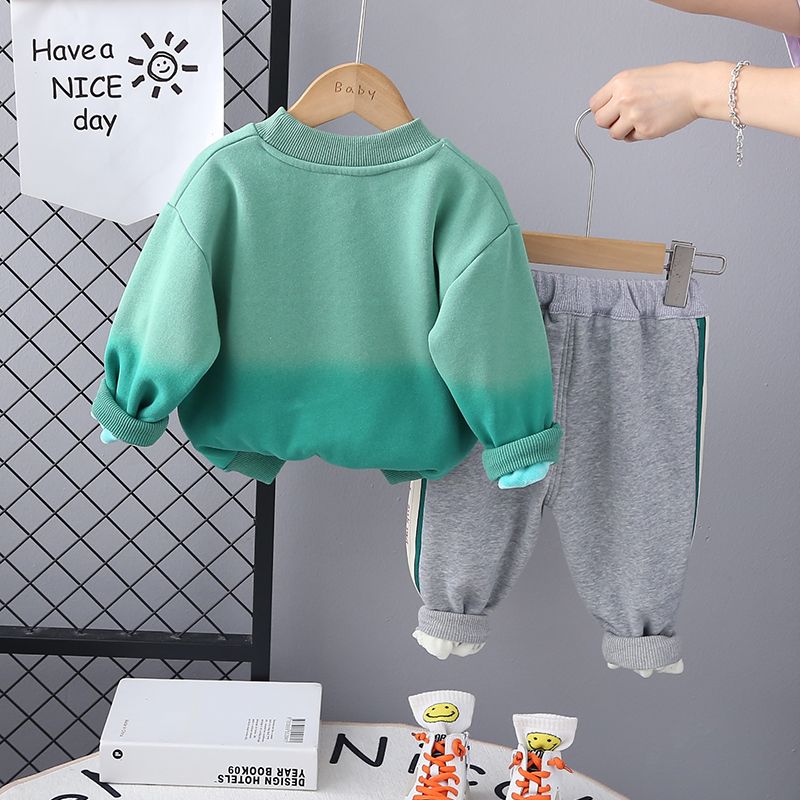 男宝宝秋冬季加绒套装新款婴儿童洋气男童冬装韩版卫衣两件套