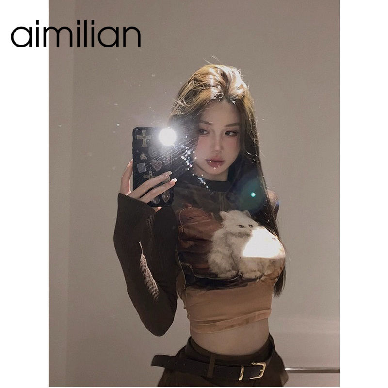 aimilian純欲辣妹長袖t恤女春秋設計感小眾修身顯瘦露臍短款上衣