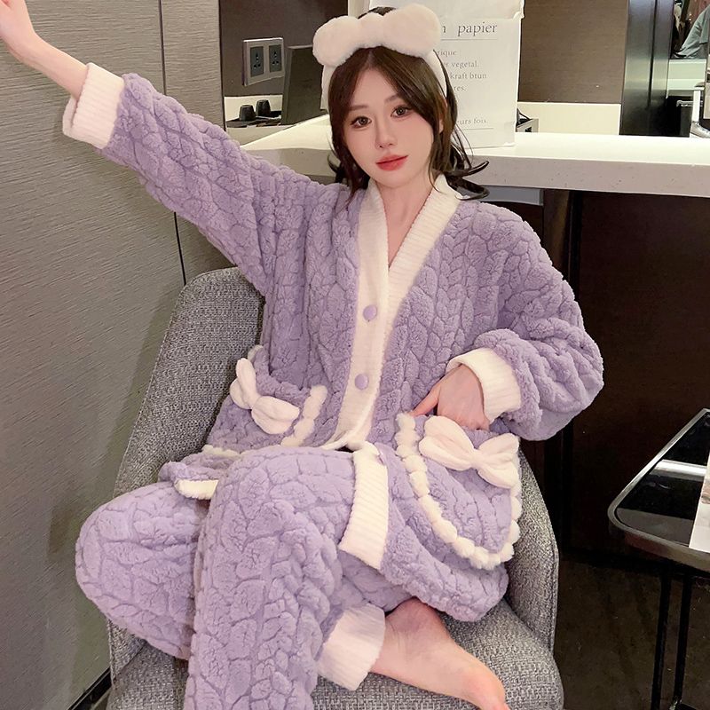 新款秋冬季珊瑚絨保暖加絨胖mm220斤加大碼睡衣女加厚家居服套裝