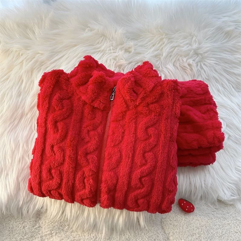 睡衣女秋冬季本命年大红色珊瑚绒加厚加绒拉链法兰绒可外穿家居服