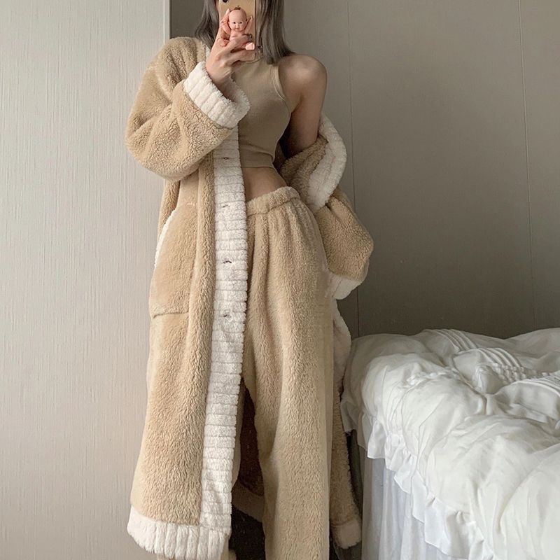 珊瑚絨睡衣女冬季新款加絨加厚氣質高級感睡袍長褲居家服兩件套裝