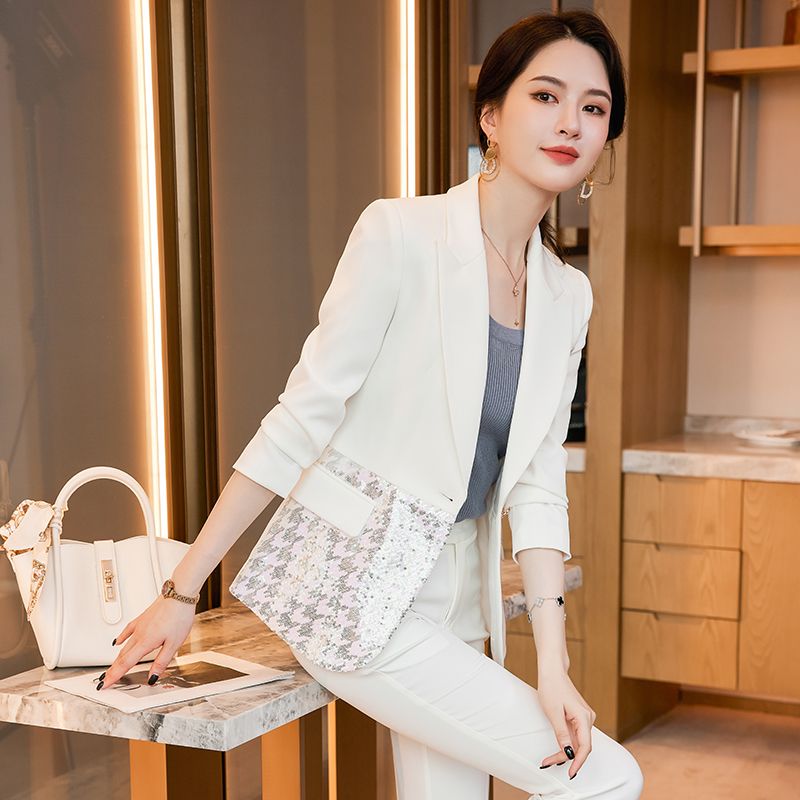 白色西服套裝女秋冬新款設計感高級正裝套褲職業西裝喇叭褲兩件套