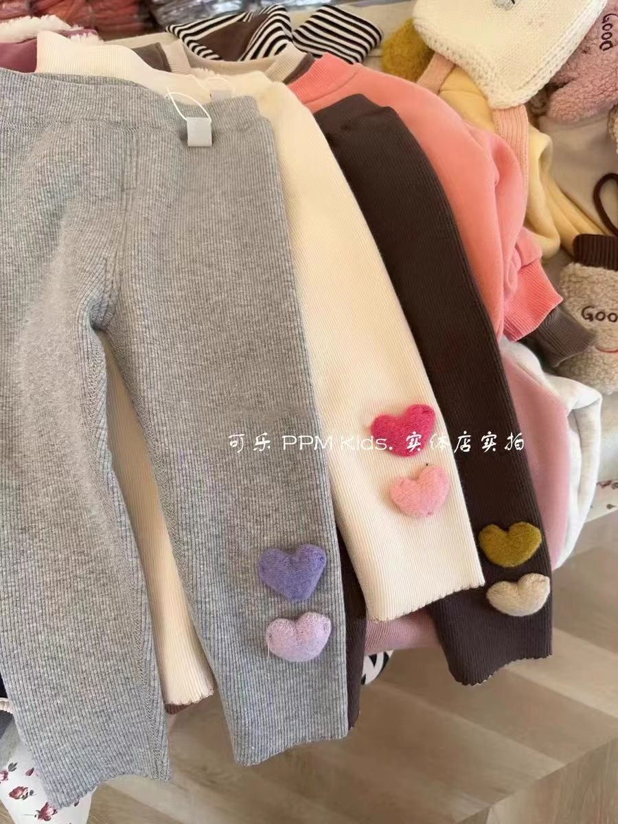 女童打底褲2023秋冬新款兒童高腰彈力純色愛心針織一體絨保暖長褲