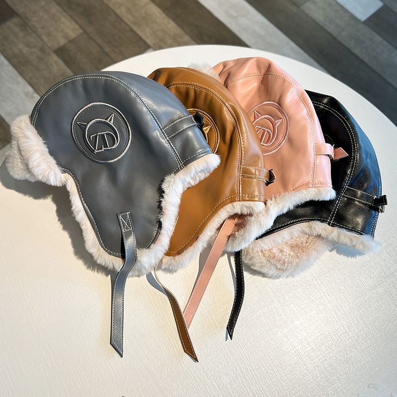 Lei Feng hat women's autumn and winter thickened warm PU leather plush hat outdoor skiing cold ear protection hat flying hat trendy man_voghion.com