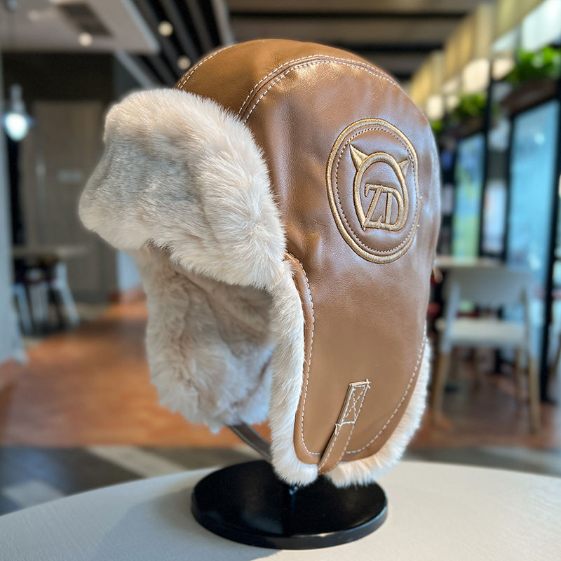Lei Feng hat women's autumn and winter thickened warm PU leather plush hat outdoor skiing cold ear protection hat flying hat trendy man_voghion.com