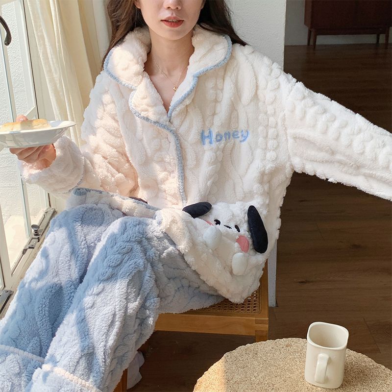 珊瑚絨睡衣冬季女款加絨加厚卡通可愛冬天法蘭絨家居服套裝可外穿