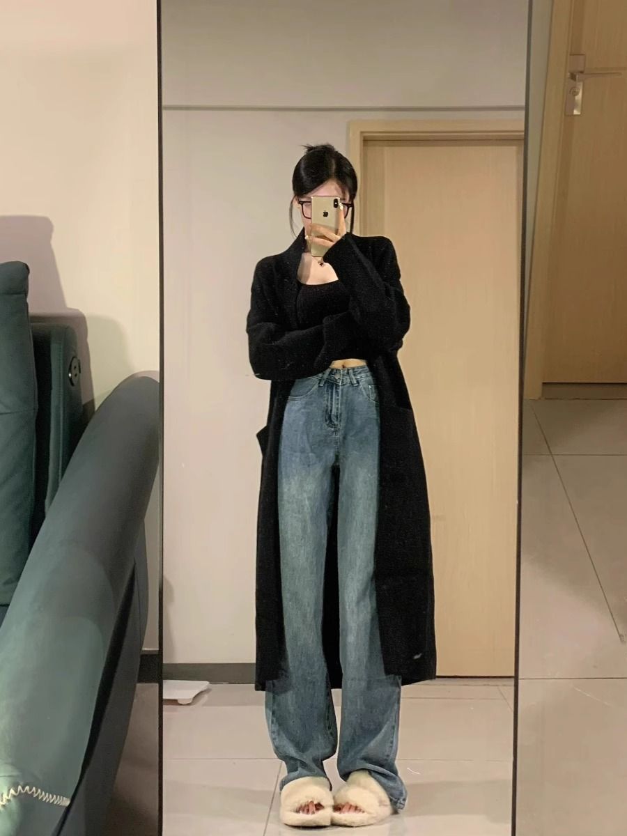 春秋季復古牛仔褲女高腰寬鬆闊腿小個子顯瘦新款潮流百搭直筒褲子