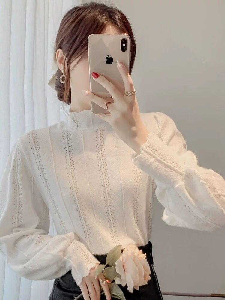 半高領加絨蕾絲打底衫女秋冬2023新款百搭寬鬆洋氣內搭小衫上衣潮